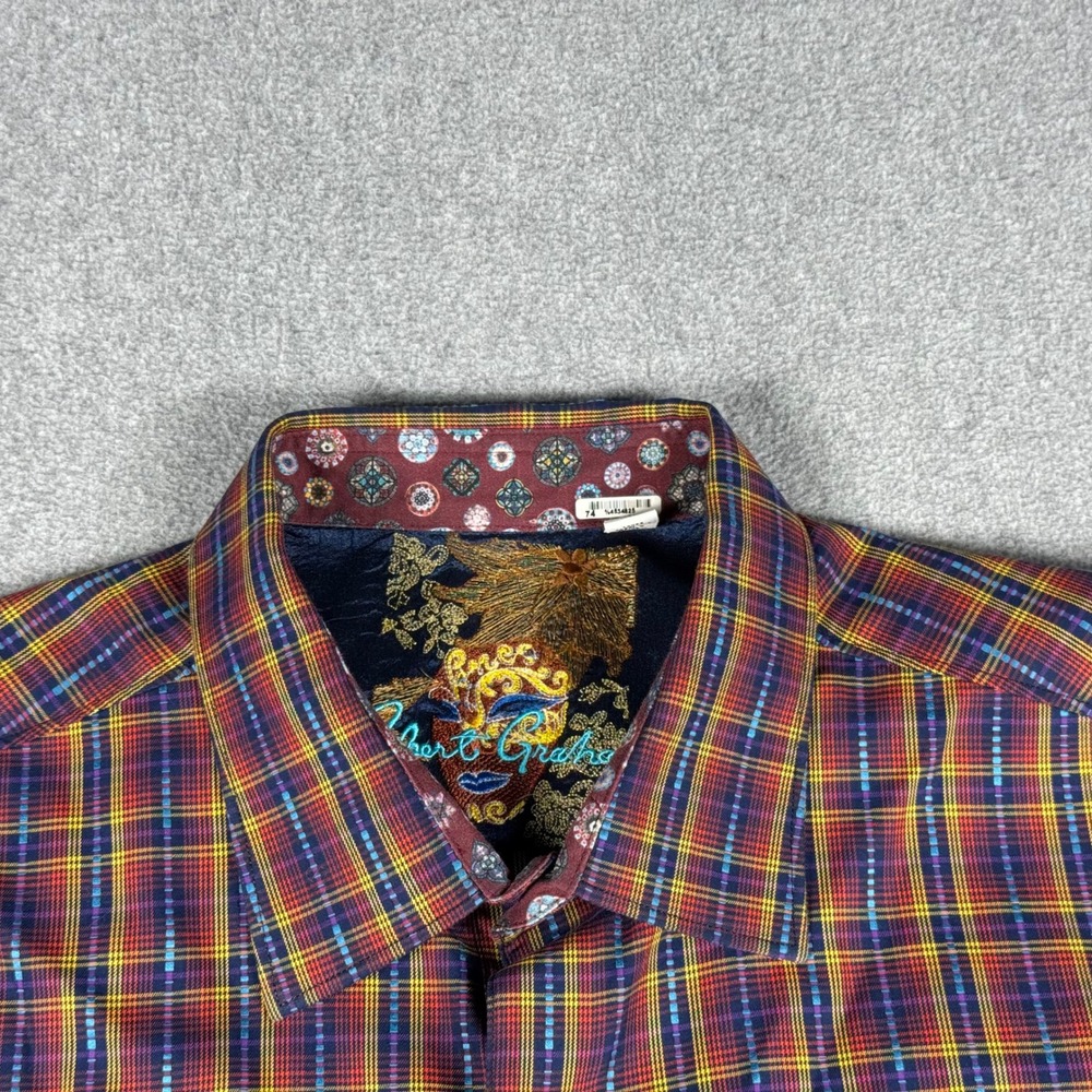 Robert Graham Flip Cuff Shirt Mens L Red Blue Plaid Cotton Long Sleeve - Picture 3 of 9